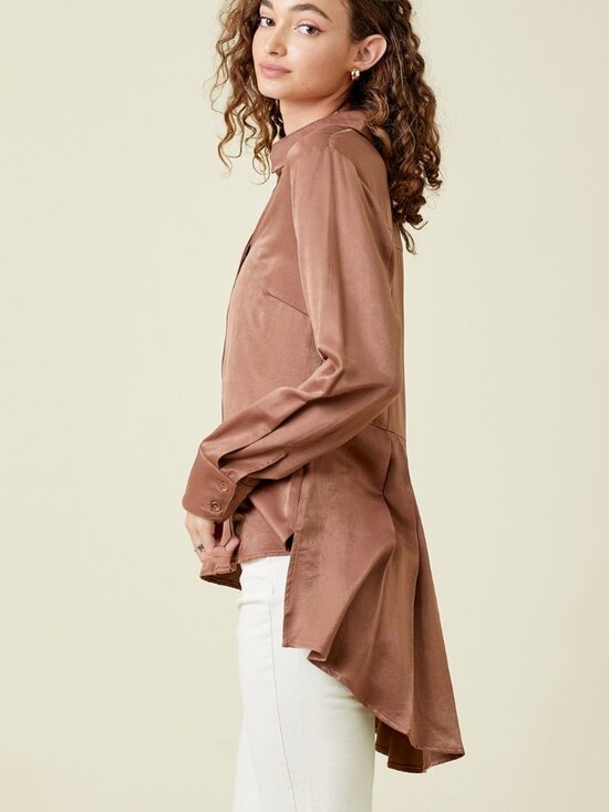 MYSTREE Satin Bronze Pleated Back Tunic Blouse | Longline Button Front Top - Picture 5 of 6